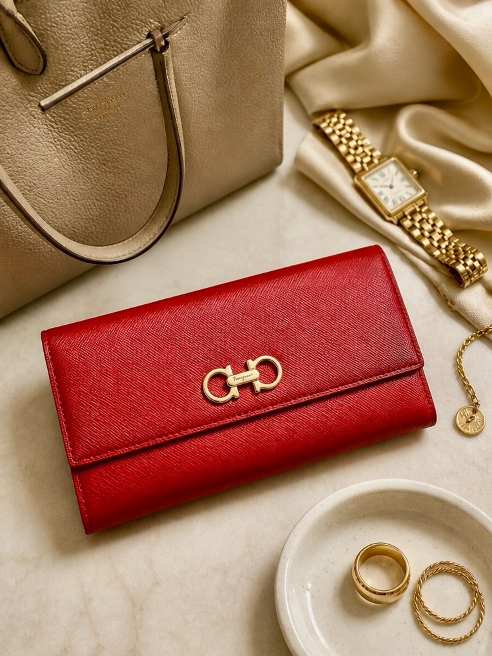 Salvatore Ferragamo Gancini Wallet on Chain Red Leather Gold Crossbody